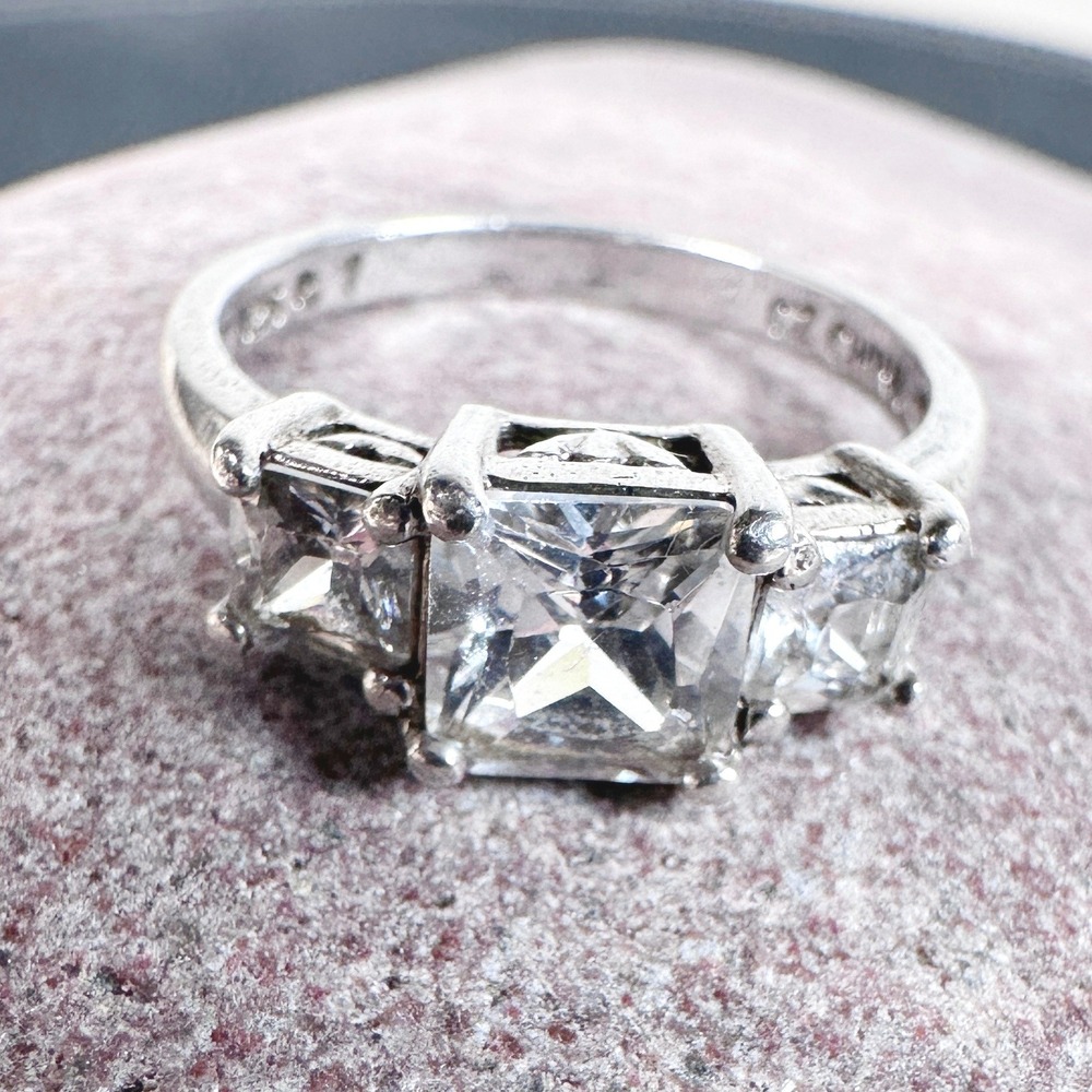 Vintage Style 925 Sterling Silver 3-Stone CZ Ring Size 7 Filigree Engagement